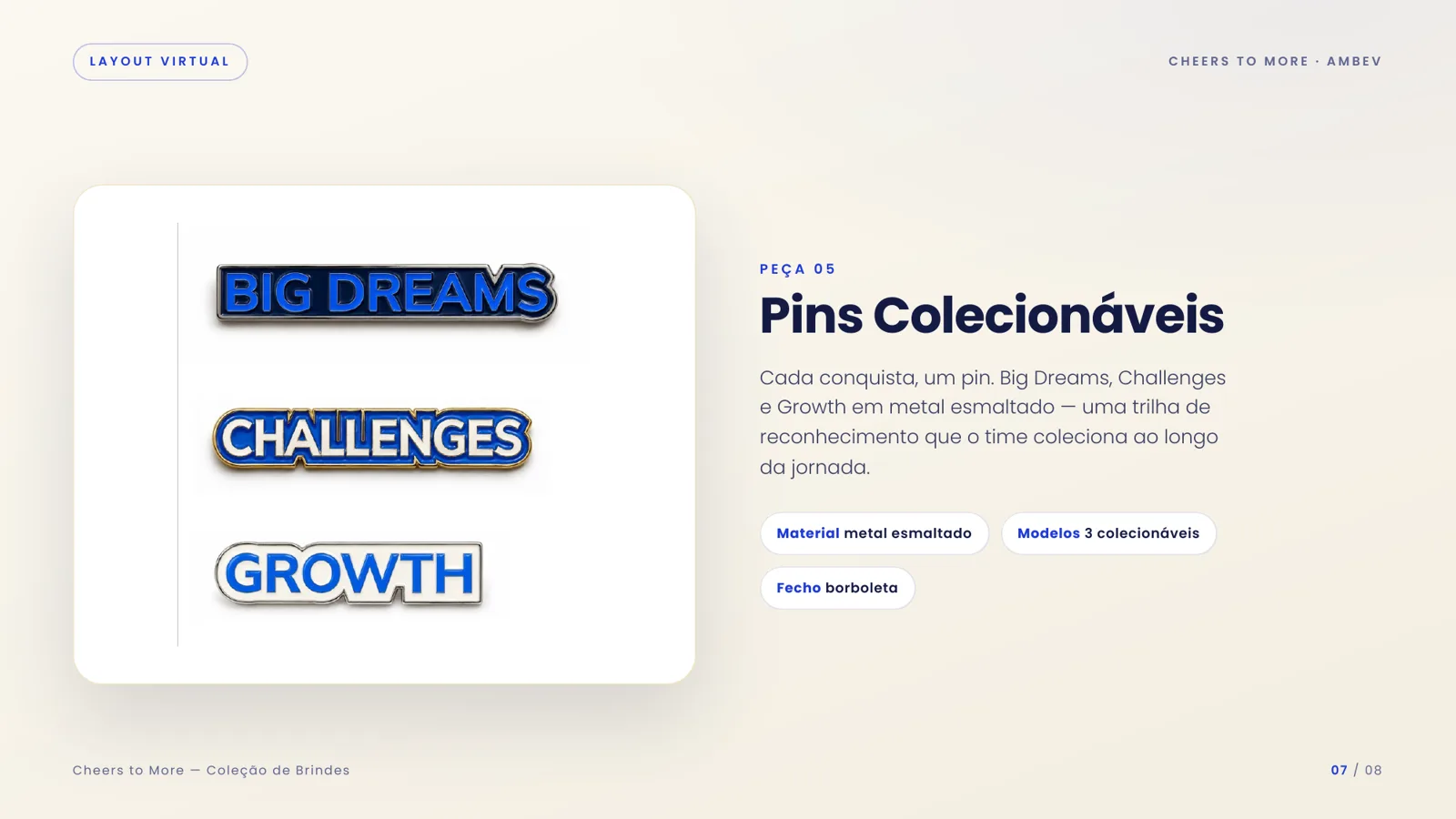 Pins colecionáveis Big Dreams, Challenges e Growth