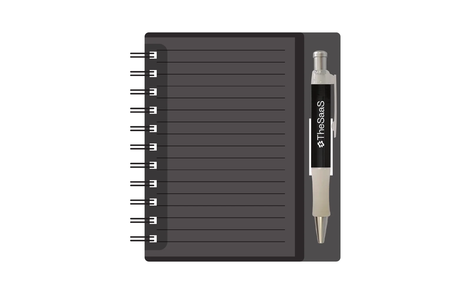Caderno com caneta e a marca The SaaS aplicada